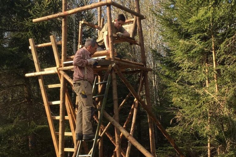 Zwei Männer bauen einen Hochsitz.